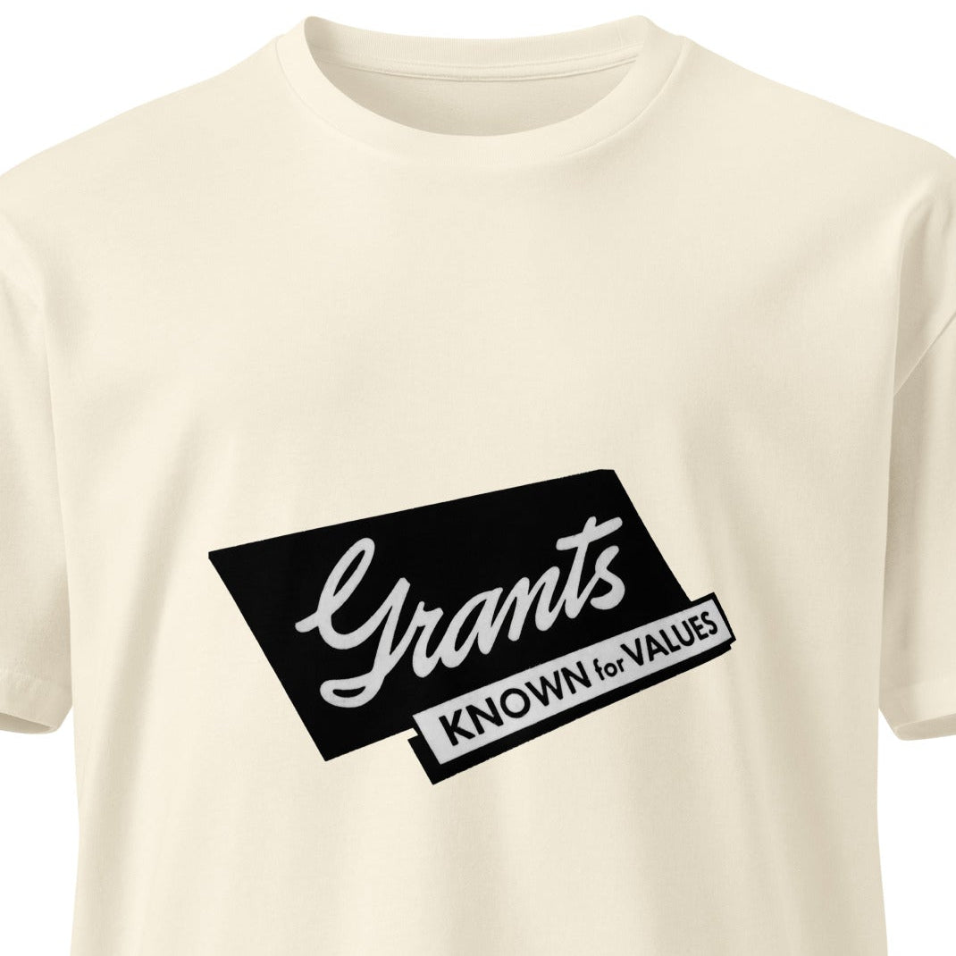 Unisex premium W.T. Grant T-shirt in natural color, front view, made by wayward.biz, casual and comfortable apparel.