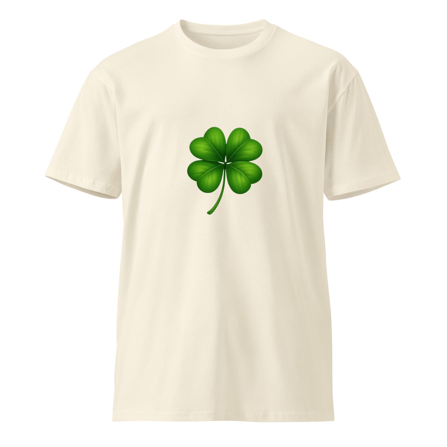 Unisex premium T-shirt with a natural 4-leaf clover design on the front, branded by wayward.biz.