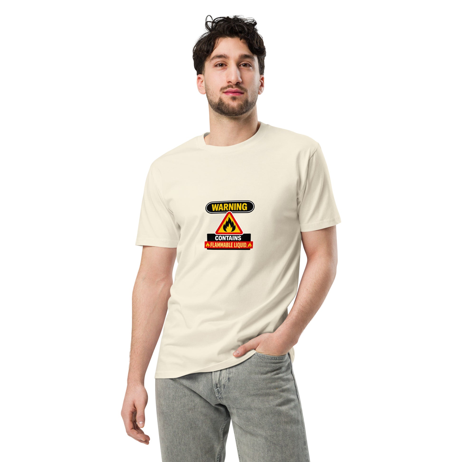 Unisex premium T-shirt with "Warning Contains Flammable Liquid" print on natural fabric, front view, casual style.