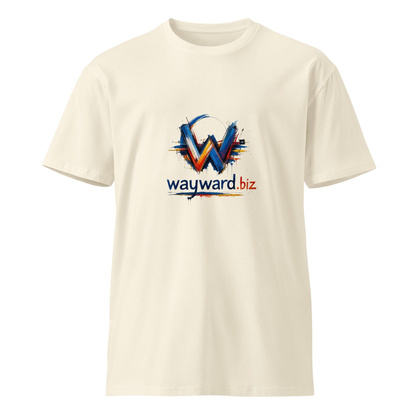 Unisex premium T-shirt by wayward.biz in natural color, front view showing soft fabric and classic fit.