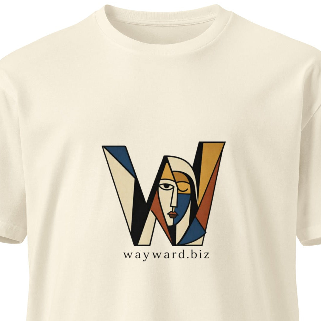 Unisex premium T-shirt by wayward.biz in natural color, front view showing smooth fabric and classic fit.