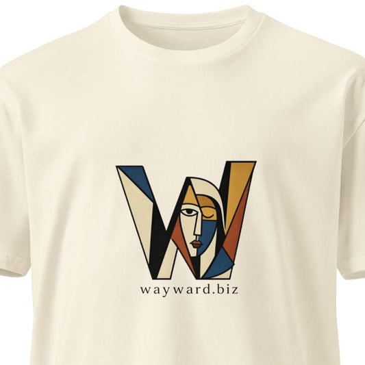 Unisex premium T-shirt by wayward.biz in natural color, front view showing smooth fabric and classic fit.