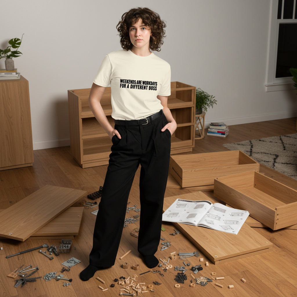 Unisex light premium T-shirt by wayward.biz with "Weekends are workdays for a different boss" printed on the front.