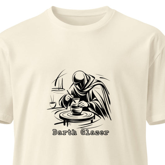 Unisex Darth Glazer premium light t-shirt by wayward.biz, natural color, front view showing the design and fit.