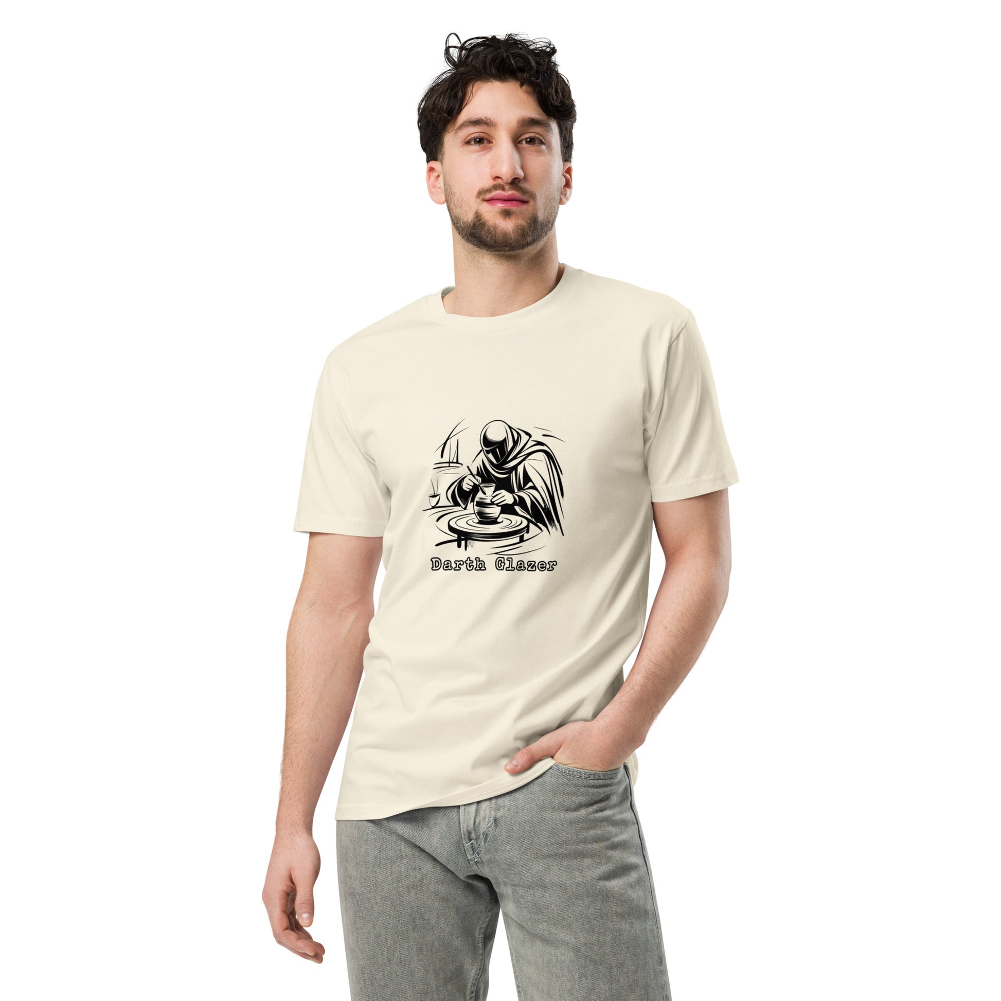 Unisex Darth Glazer premium light T-shirt in natural color, featuring a front graphic design, by wayward.biz.