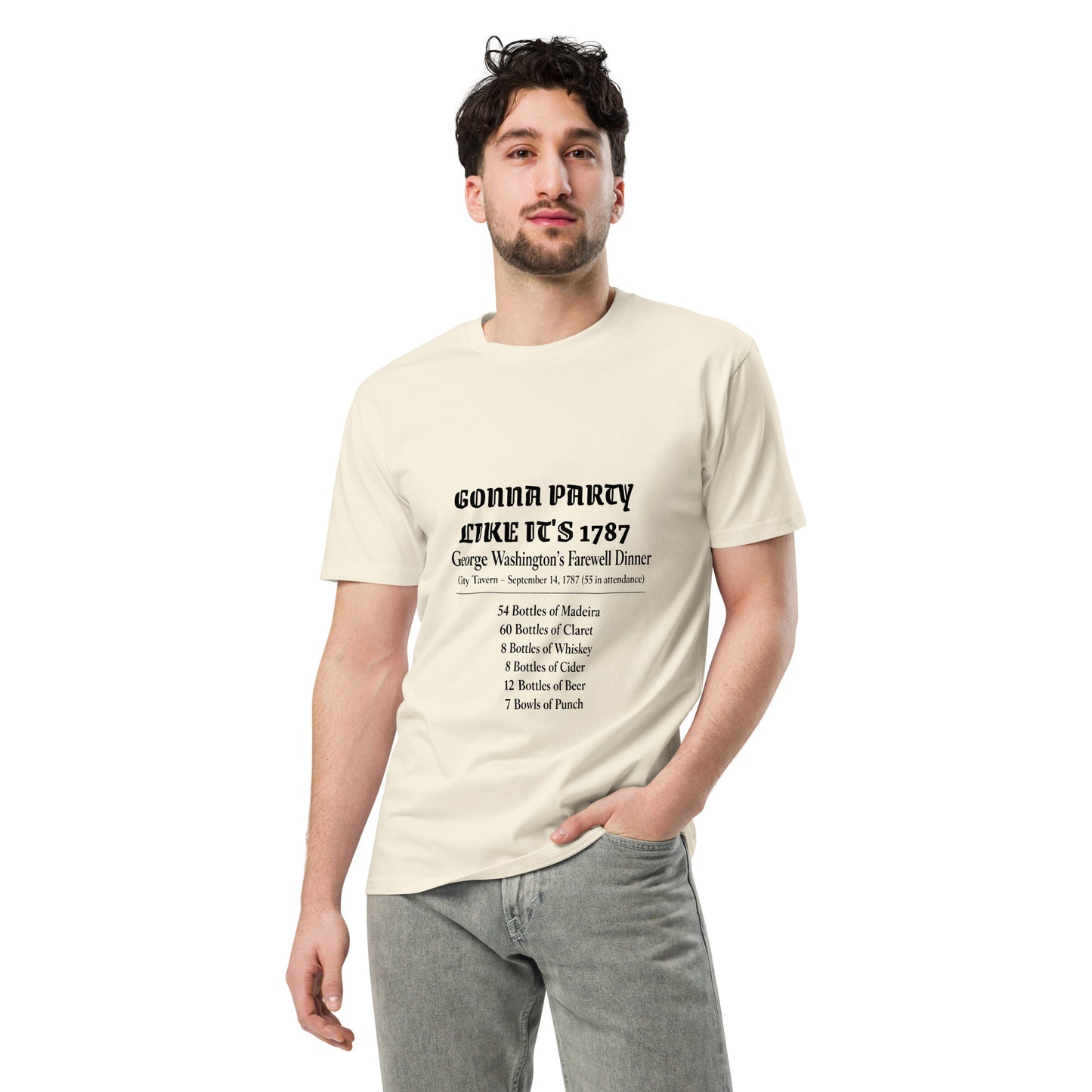 Unisex premium T-shirt with "Gonna party like it's 1787" slogan, natural color, front view, by wayward.biz.