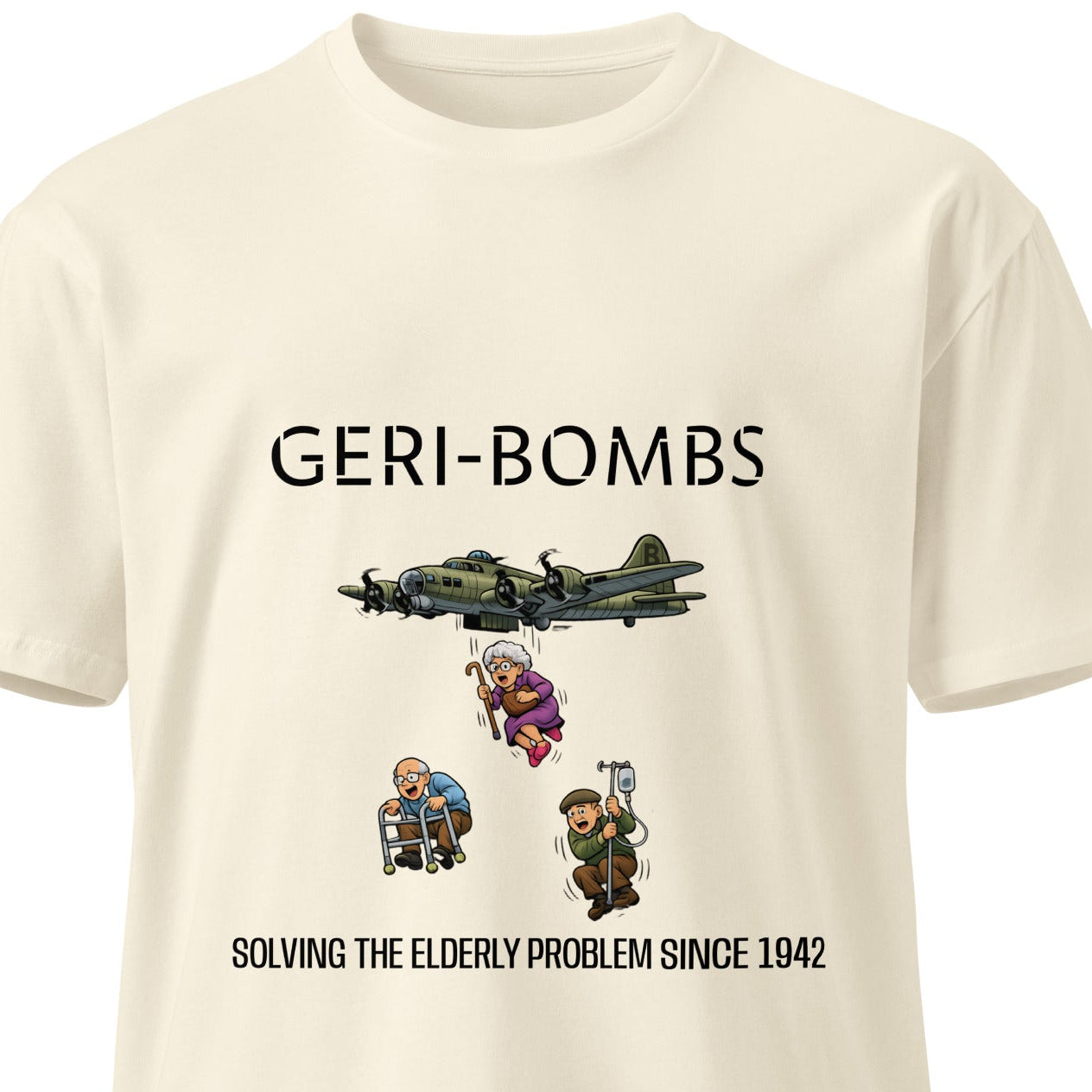 Unisex Geri-Bombs T-shirt by wayward.biz featuring natural front design, premium cotton fabric, and vintage-style print.