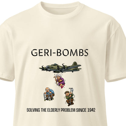 Unisex Geri-Bombs T-shirt by wayward.biz featuring natural front design, premium cotton fabric, and vintage-style print.