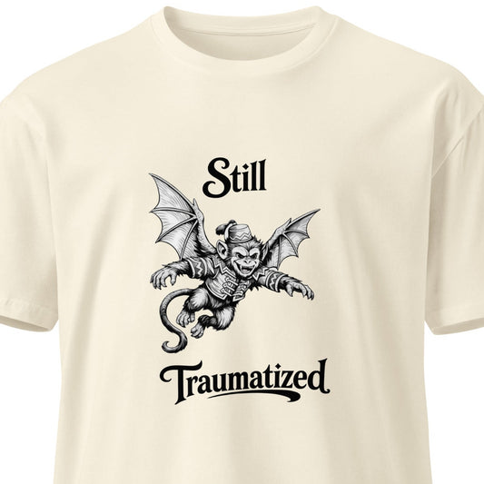 Unisex premium light t-shirt featuring a natural front design inspired by Still Traumatized by Flying Monkeys by wayward.biz