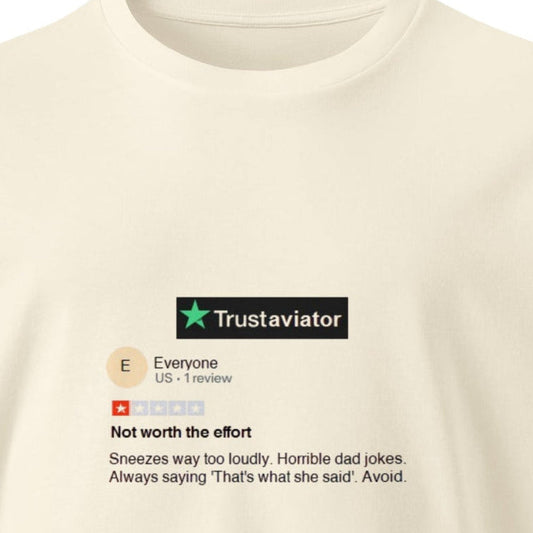Unisex premium Trustaviator T-shirt in natural color featuring a simple front design, made by Wayward.biz.