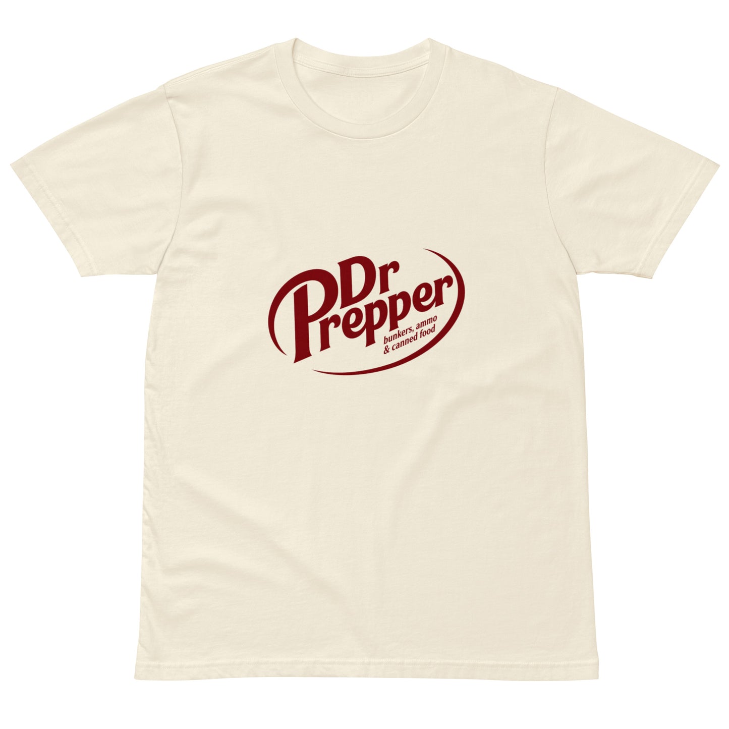 Unisex premium T-shirt with a natural front print featuring Dr. Prepper, bunkers, ammo, and canned food, by wayward.biz.
