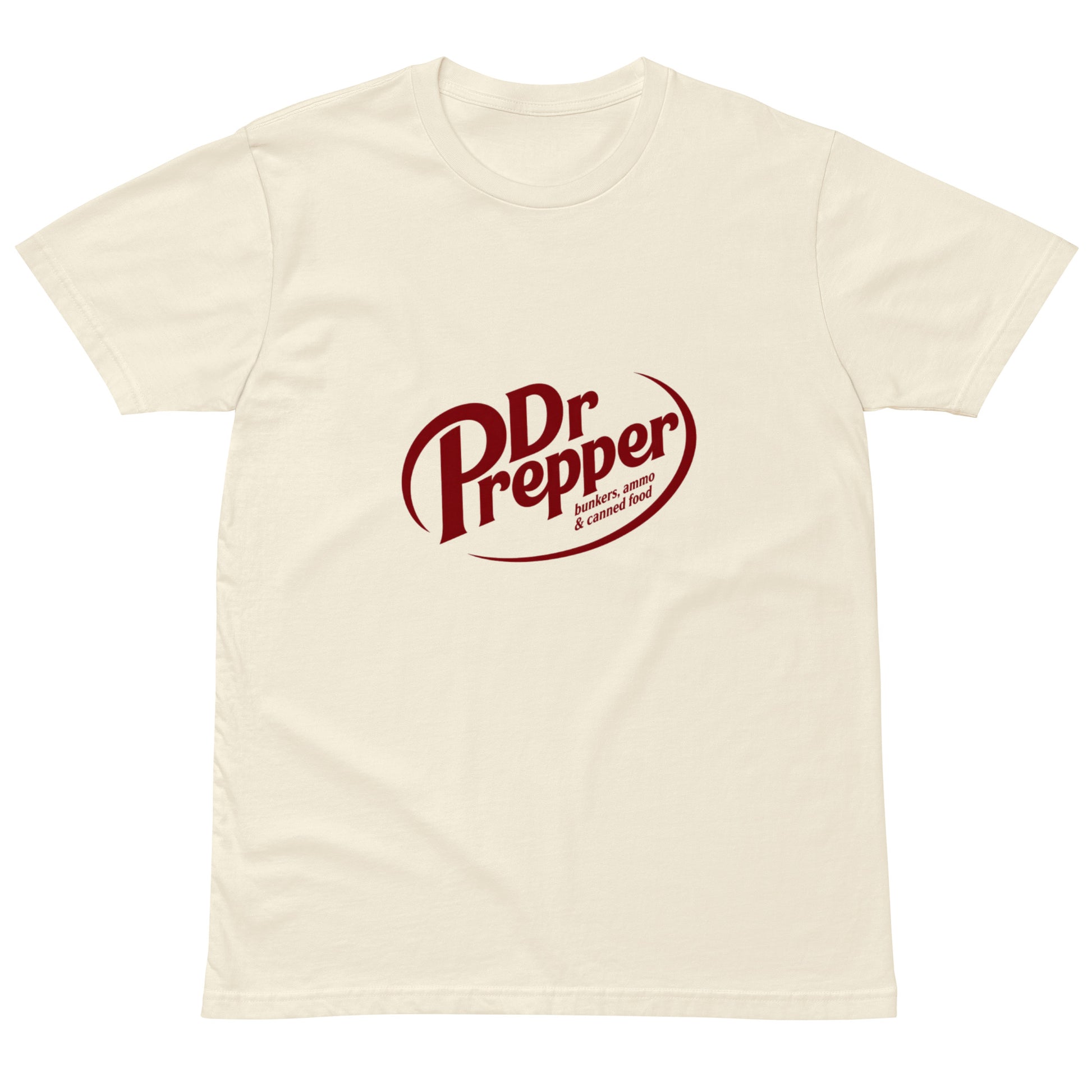 Unisex premium T-shirt with a natural front print featuring Dr. Prepper, bunkers, ammo, and canned food, by wayward.biz.