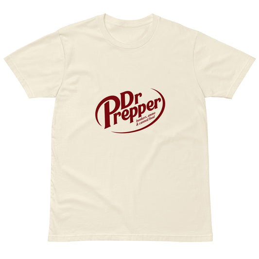 Unisex premium T-shirt with a natural front print featuring Dr. Prepper, bunkers, ammo, and canned food, by wayward.biz.
