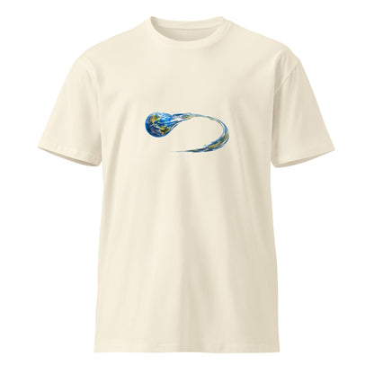 Unisex Morphing Earth premium T-shirt from wayward.biz, natural front view showing detailed Earth design on soft fabric.