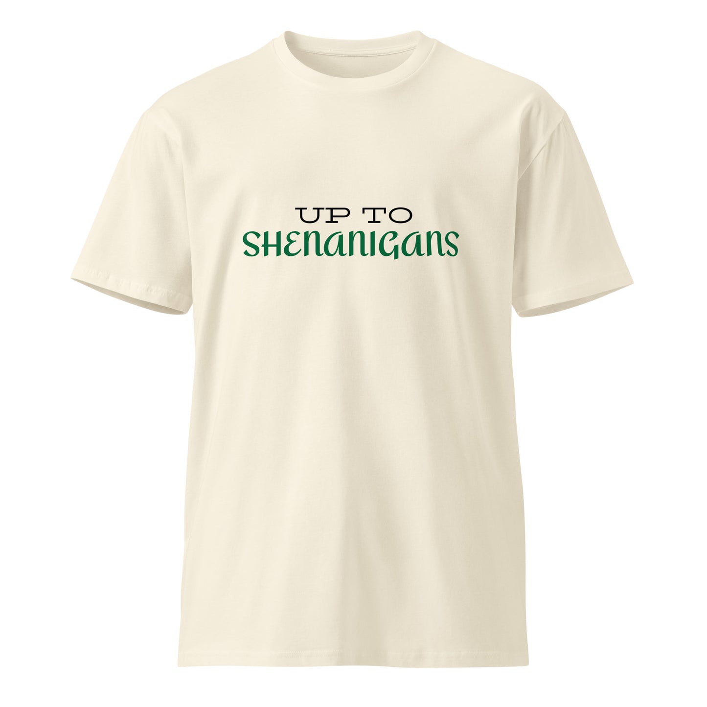 Unisex premium T-shirt with natural color, featuring a front design, from Wayward.biz's Up To Shenanigans collection.