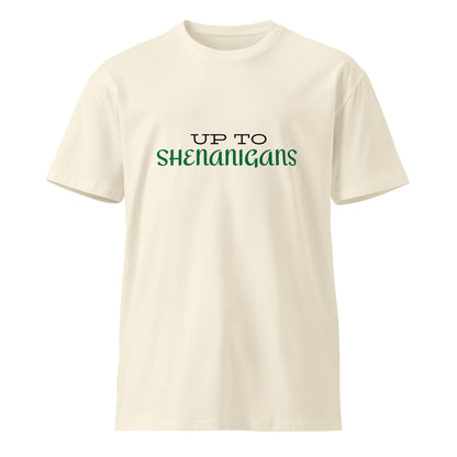 Unisex premium T-shirt with natural color, featuring a front design, from Wayward.biz's Up To Shenanigans collection.
