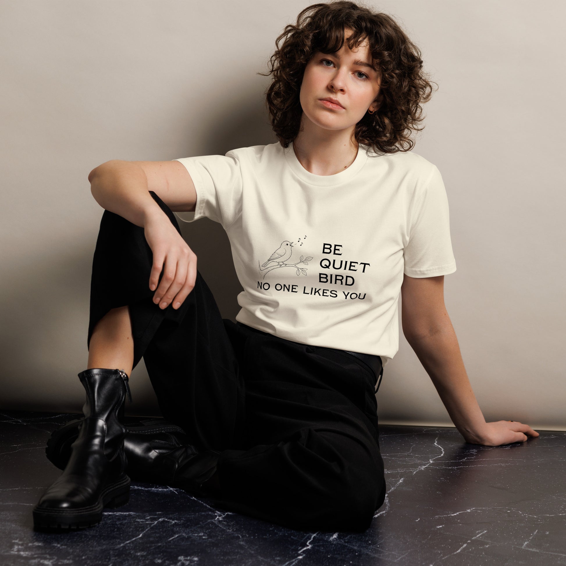 Unisex Be Quiet Bird premium T-shirt by wayward.biz, natural front view showcasing the graphic design and comfortable fit.