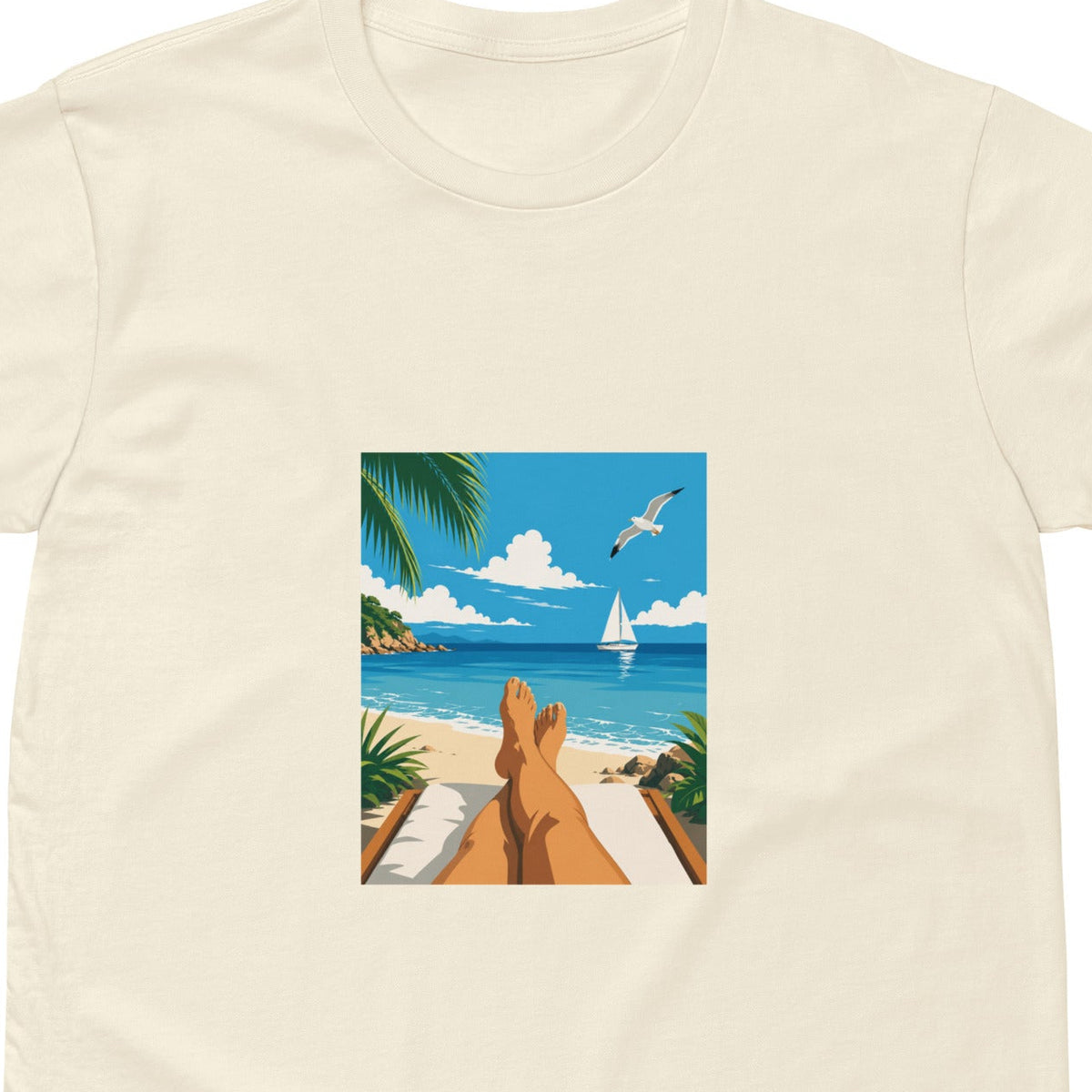 Unisex Sitting Seaside premium T-shirt by wayward.biz, natural color, front view showing seaside illustration and comfortable fit.