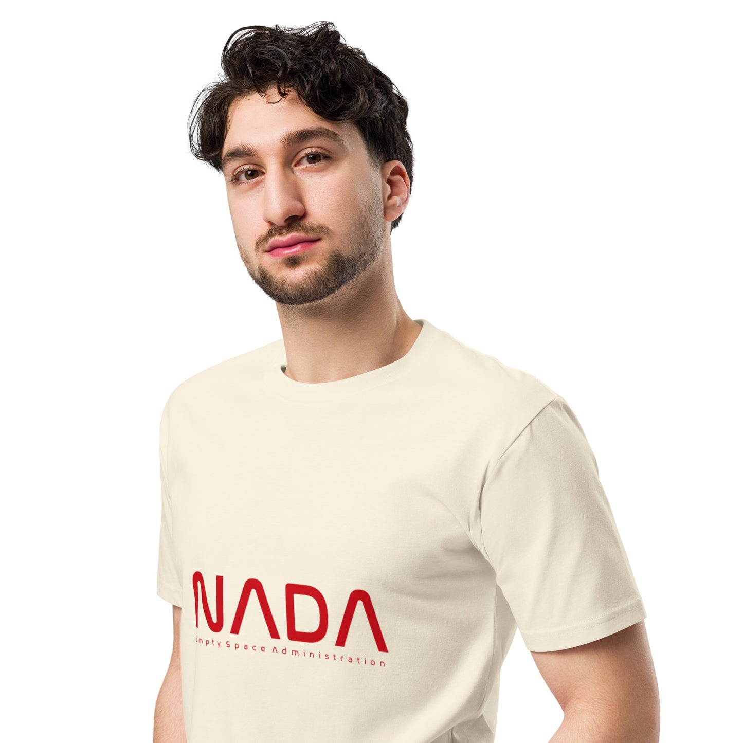 Unisex premium NADA Empty Space Administration T-shirt by wayward.biz, natural color, front left view showing design and fit.