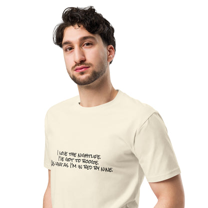 Unisex I Love the Nightlife premium light T-shirt by wayward.biz, natural color, front left view showing fit and design details.