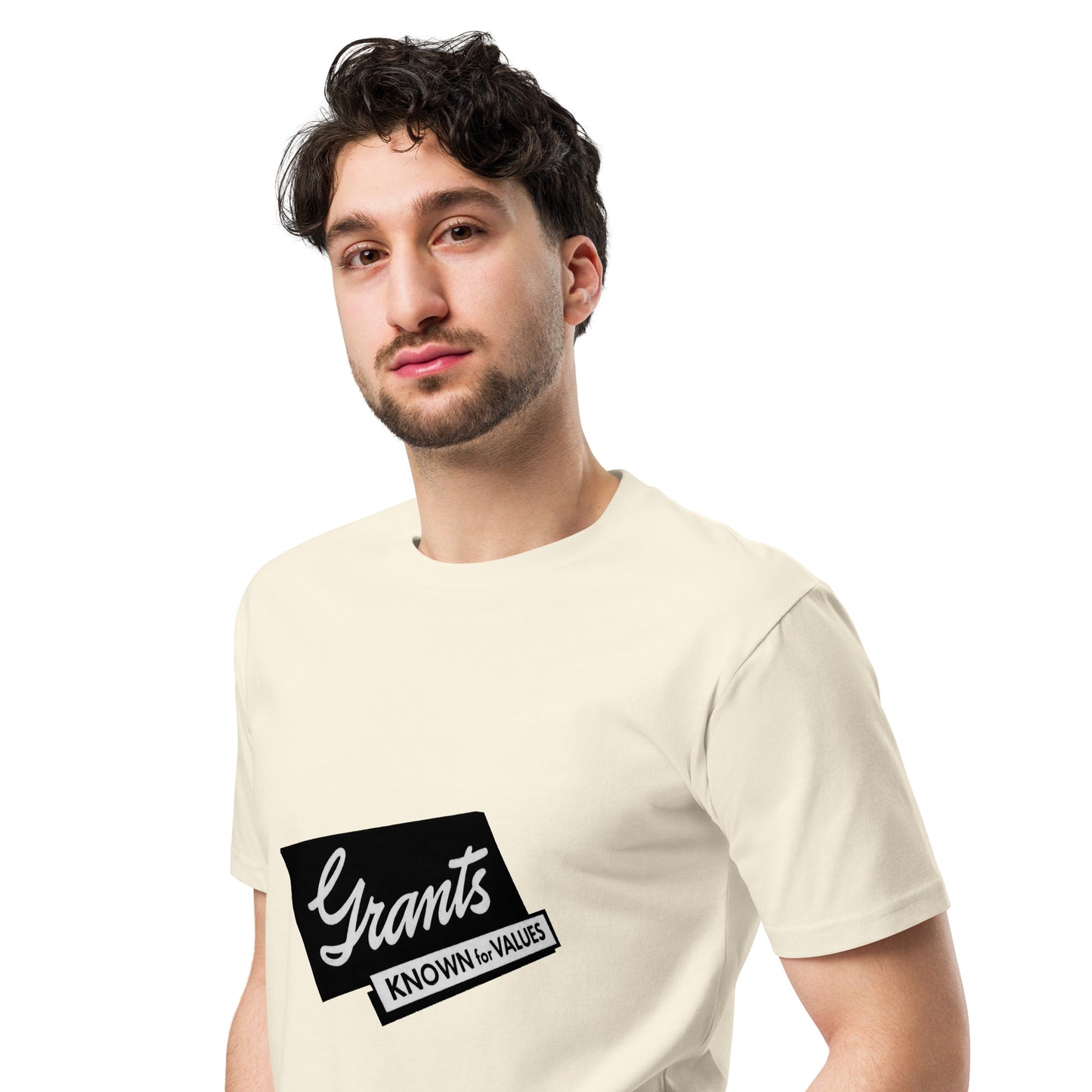 Unisex premium W.T. Grant T-shirt in natural color, shown from the left front side, made by wayward.biz.