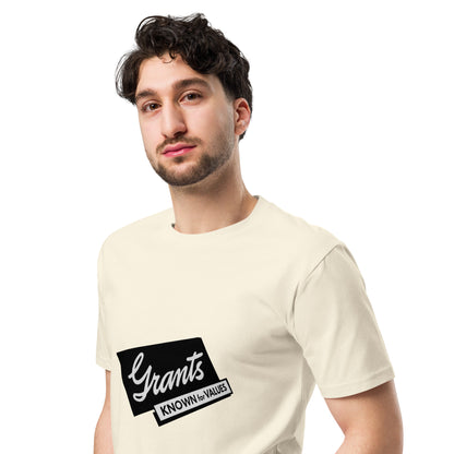 Unisex premium W.T. Grant T-shirt in natural color, shown from the left front side, made by wayward.biz.