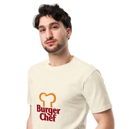 Unisex Burger Chef premium T-shirt by wayward.biz, natural color, left front view showing classic design and comfortable fit.