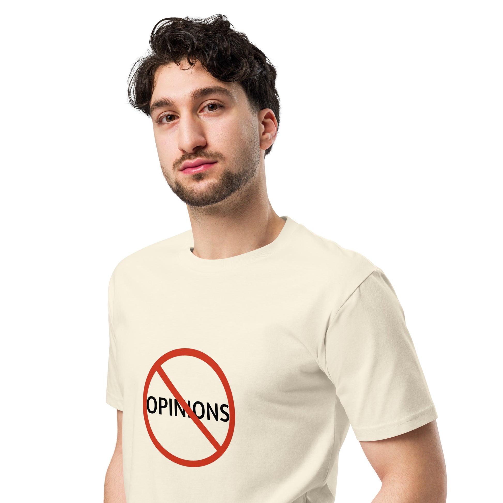 Unisex light premium T-shirt by Wayward.biz in natural color, shown from the left front side.