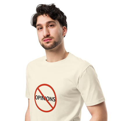 Unisex light premium T-shirt by Wayward.biz in natural color, shown from the left front side.