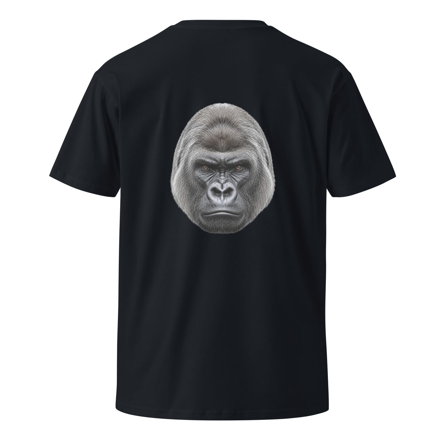 Unisex navy Silverback premium T-shirt by wayward.biz with graphic design on the back, made from soft, high-quality fabric.