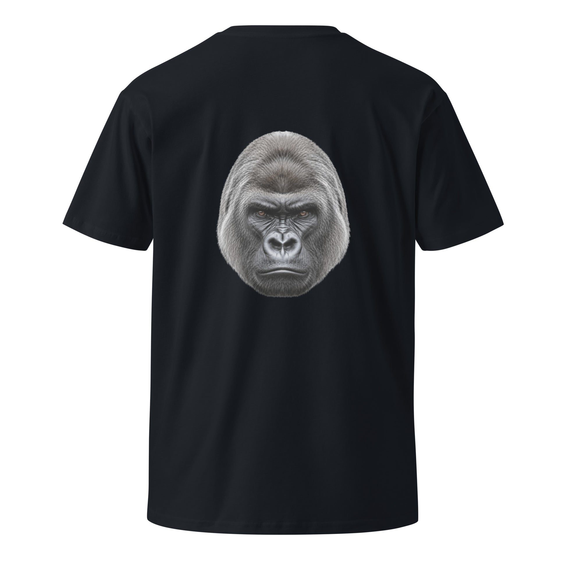 Unisex navy Silverback premium T-shirt by wayward.biz with graphic design on the back, made from soft, high-quality fabric.