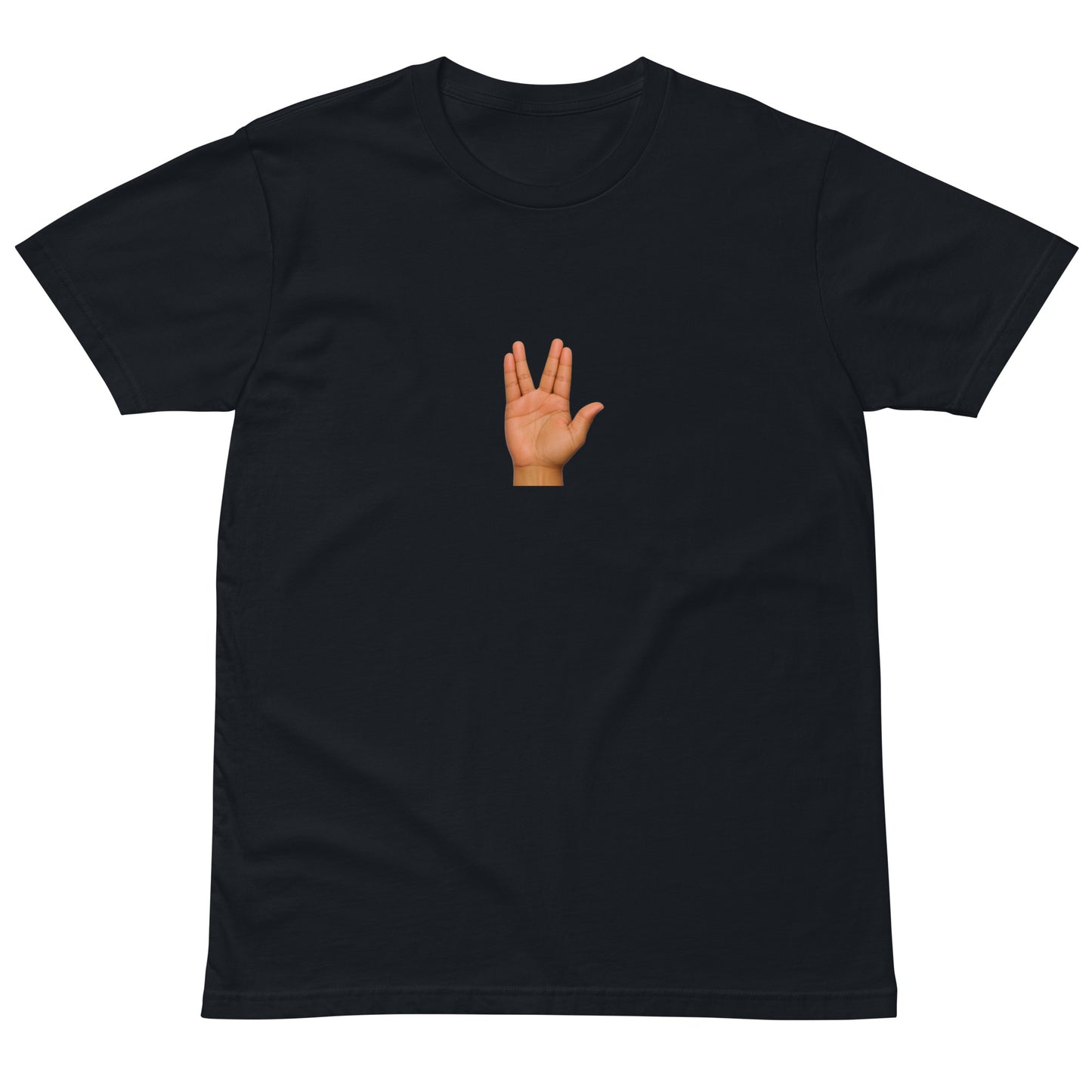 Navy unisex premium T-shirt featuring a "Live Long and Prosper" graphic design, by wayward.biz, front view.