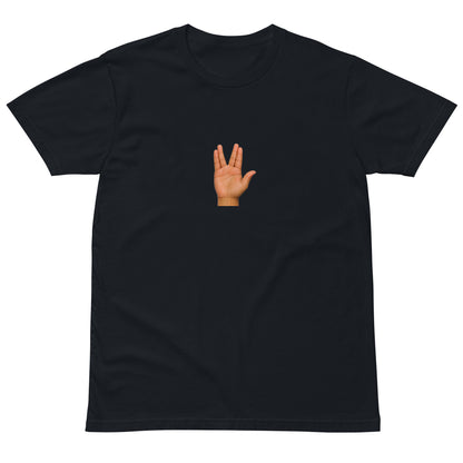 Navy unisex premium T-shirt featuring a "Live Long and Prosper" graphic design, by wayward.biz, front view.
