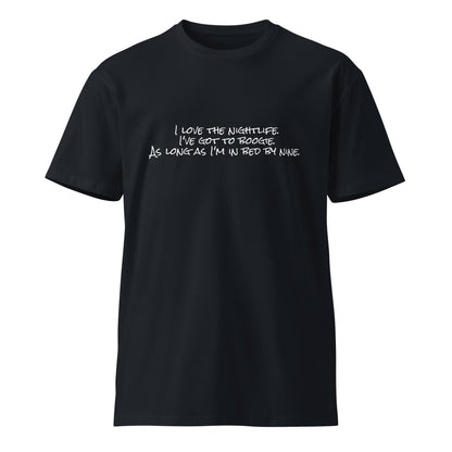 Unisex navy premium T-shirt from wayward.biz with "I love the nightlife" graphic front view, casual fit, and soft fabric.