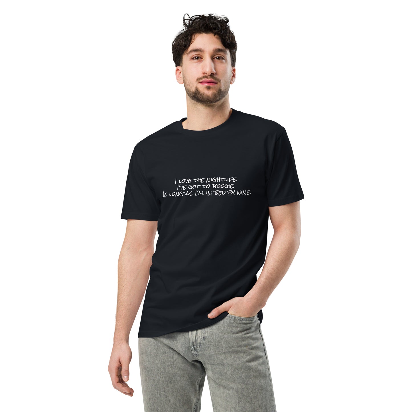 Unisex navy premium T-shirt by wayward.biz with "I love the nightlife" graphic on front, casual and comfortable style.
