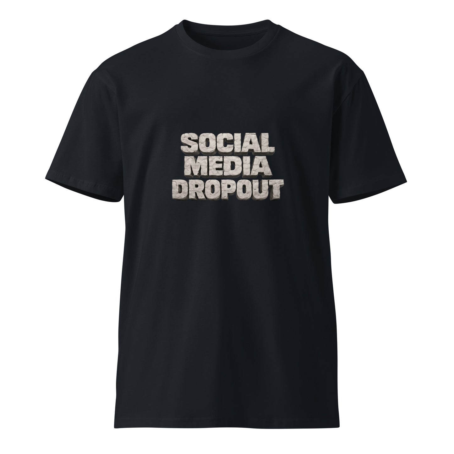 Unisex navy premium T-shirt from Wayward.biz with social media dropout design, front view highlighting the casual fit.