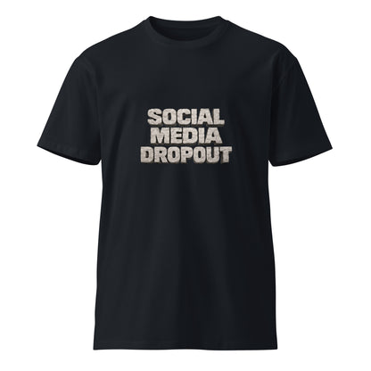 Unisex navy premium T-shirt from Wayward.biz with social media dropout design, front view highlighting the casual fit.