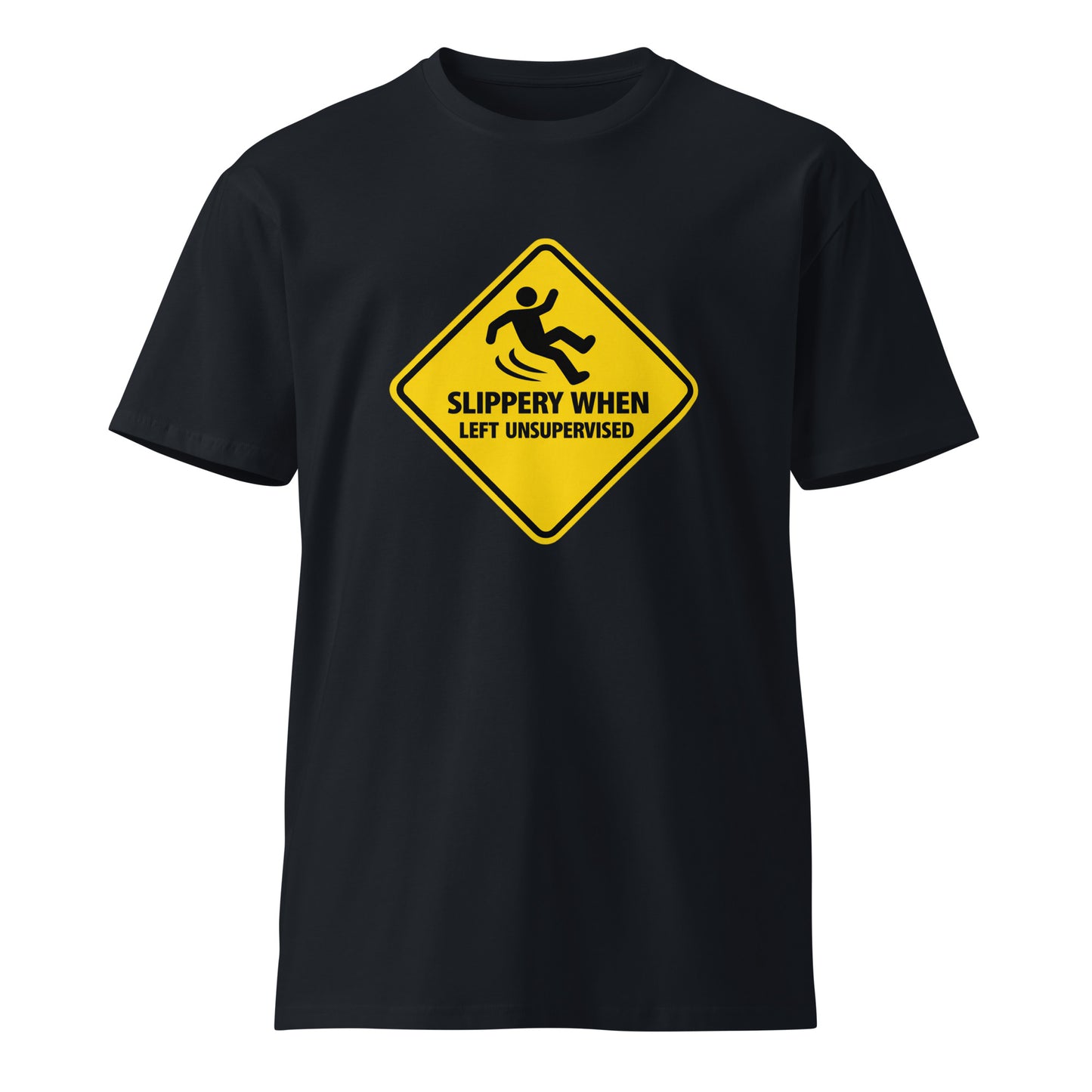 Unisex navy premium T-shirt from wayward.biz with "Slippery When Left Unsupervised" print on front, casual and comfortable style.
