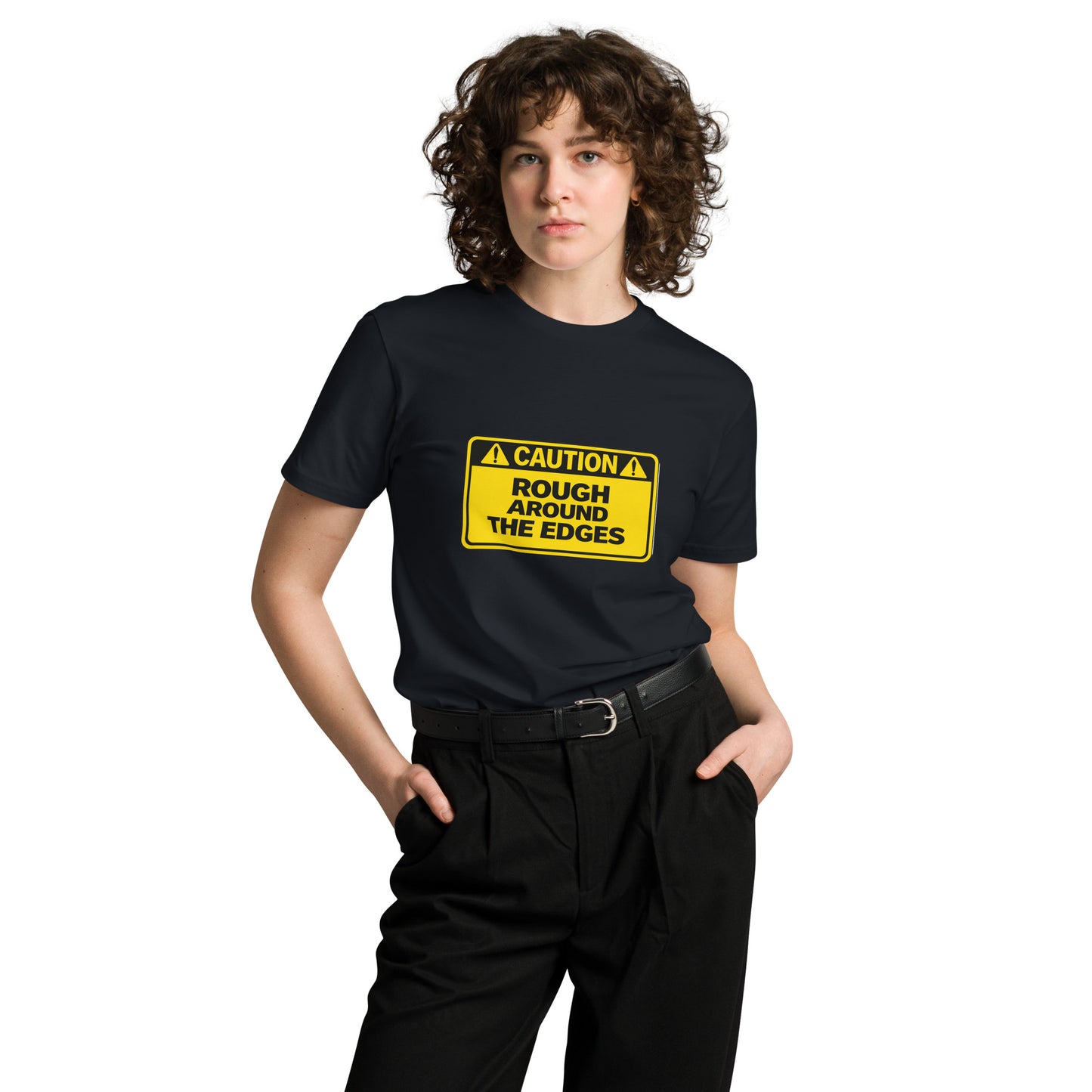 Navy unisex premium T-shirt with "Caution Rough Around the Edges" graphic, featuring a comfortable fit and stylish design.