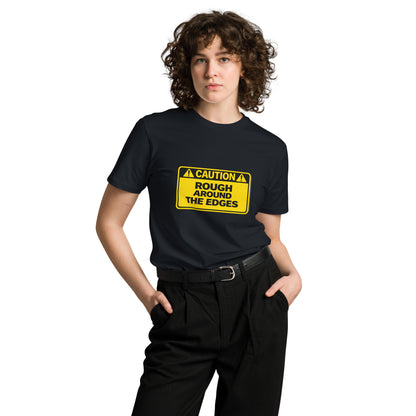 Navy unisex premium T-shirt with "Caution Rough Around the Edges" graphic, featuring a comfortable fit and stylish design.