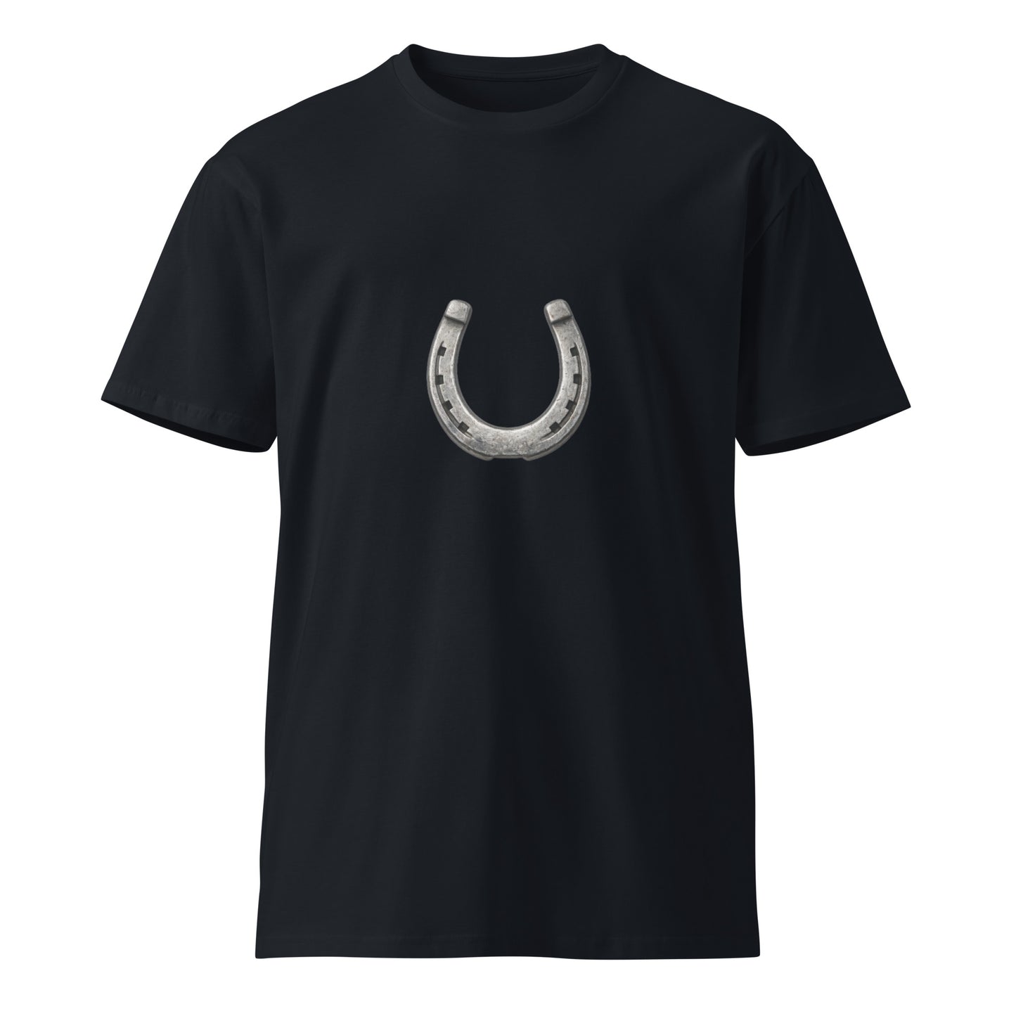 Unisex navy premium T-shirt featuring a horseshoe graphic on the front, made by wayward.biz, casual and comfortable wear.