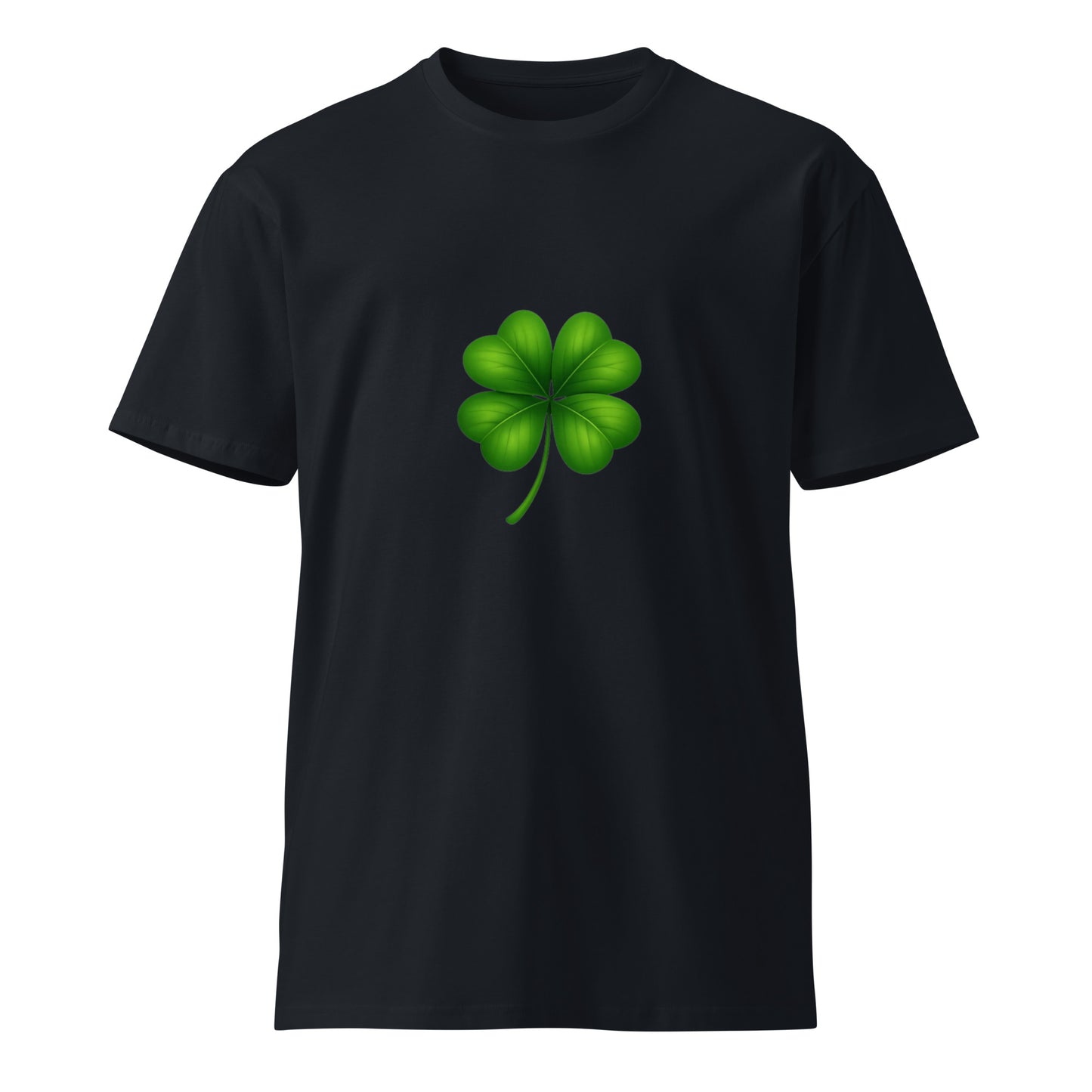 Navy unisex premium T-shirt with 4-leaf clover graphic from Wayward.biz, front view showing soft fabric and detailed print.