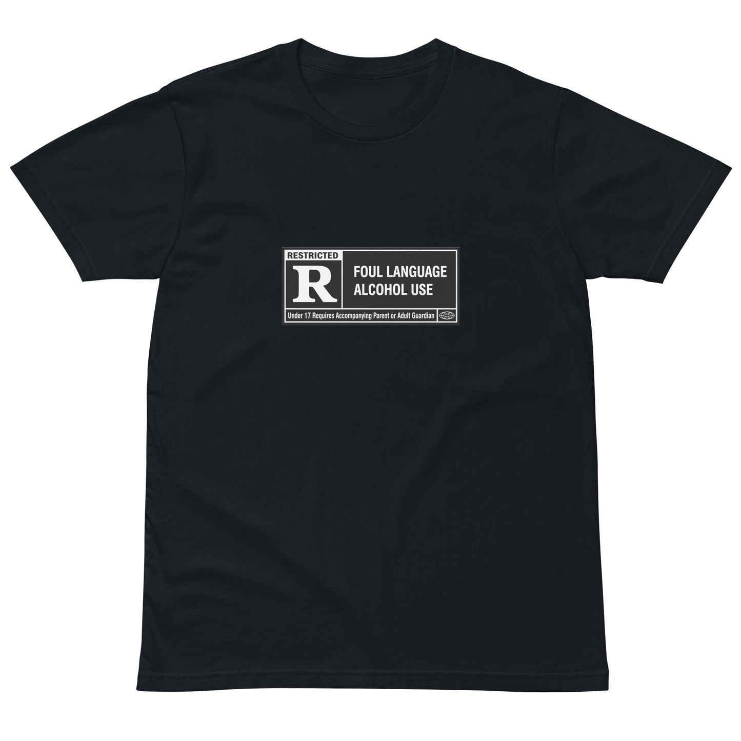 Unisex navy premium T-shirt with Rated R foul language and alcohol use print, stylish and comfortable casual apparel by wayward.biz.
