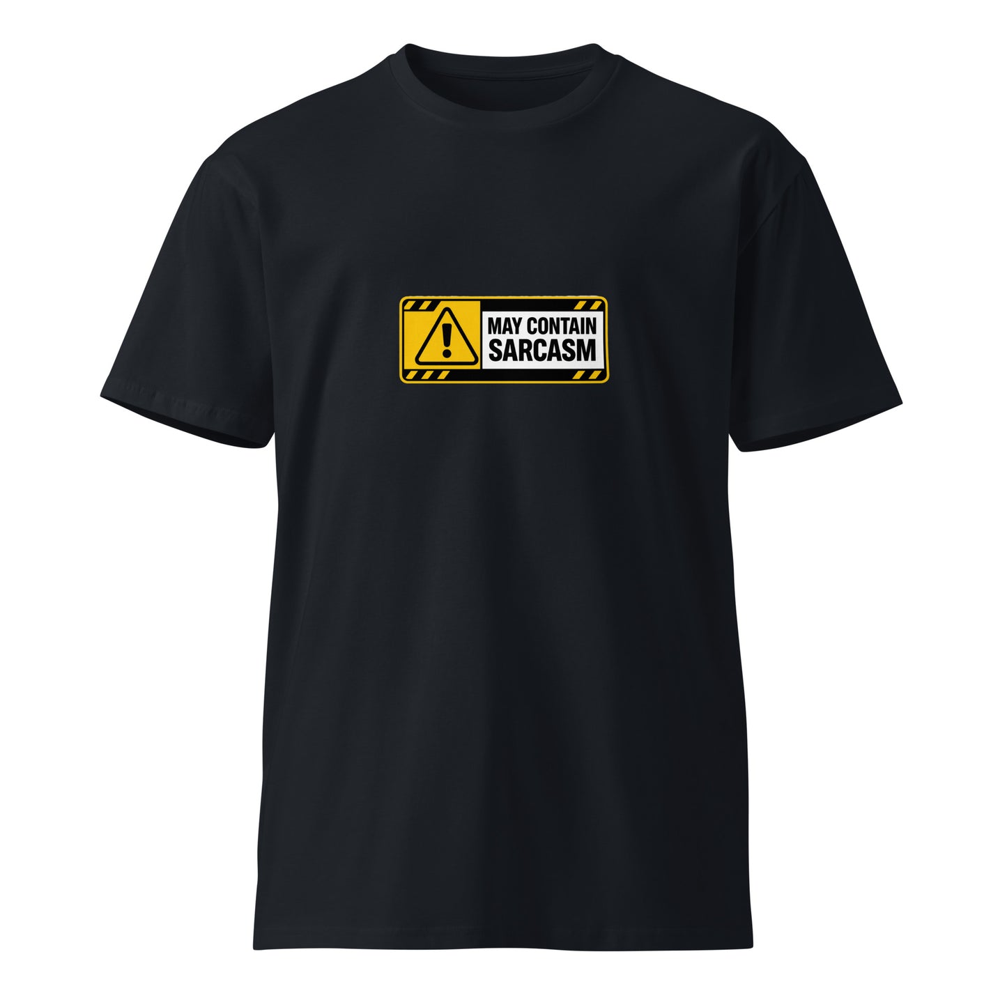 Navy unisex premium T-shirt with "May Contain Sarcasm" printed on the front, stylish casual wear by wayward.biz.