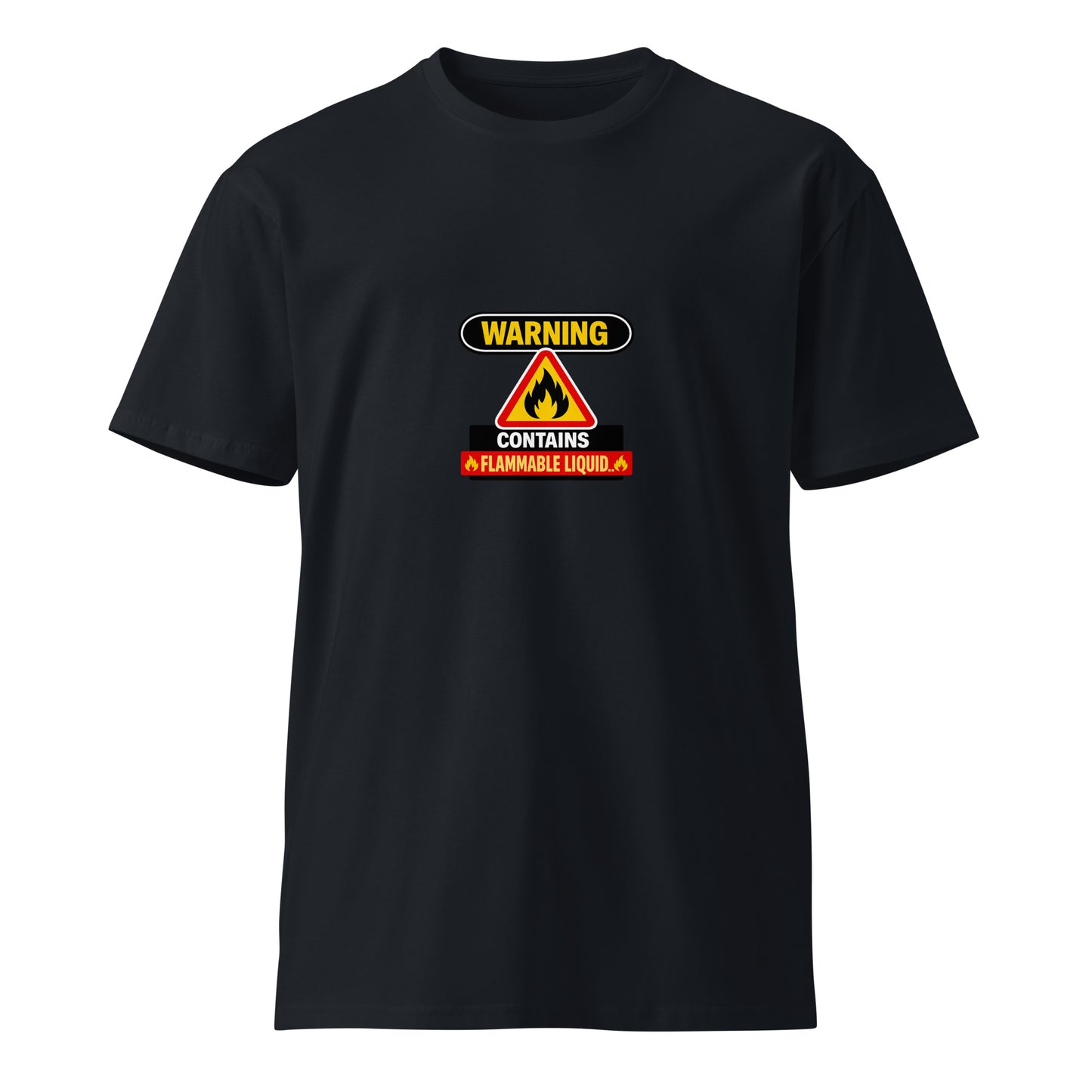 Navy unisex premium T-shirt with warning label "Contains Flammable Liquid" printed on the front, by wayward.biz.