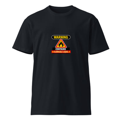 Navy unisex premium T-shirt with warning label "Contains Flammable Liquid" printed on the front, by wayward.biz.