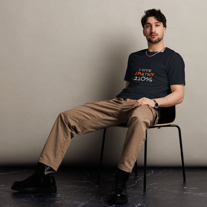 Unisex dark navy premium T-shirt by wayward.biz with "I Give Apathy 110%" graphic on front.