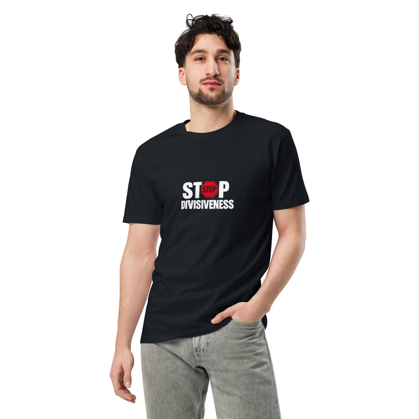 Navy unisex premium T-shirt with "Stop Divisiveness" slogan from wayward.biz, front view showing bold text design.