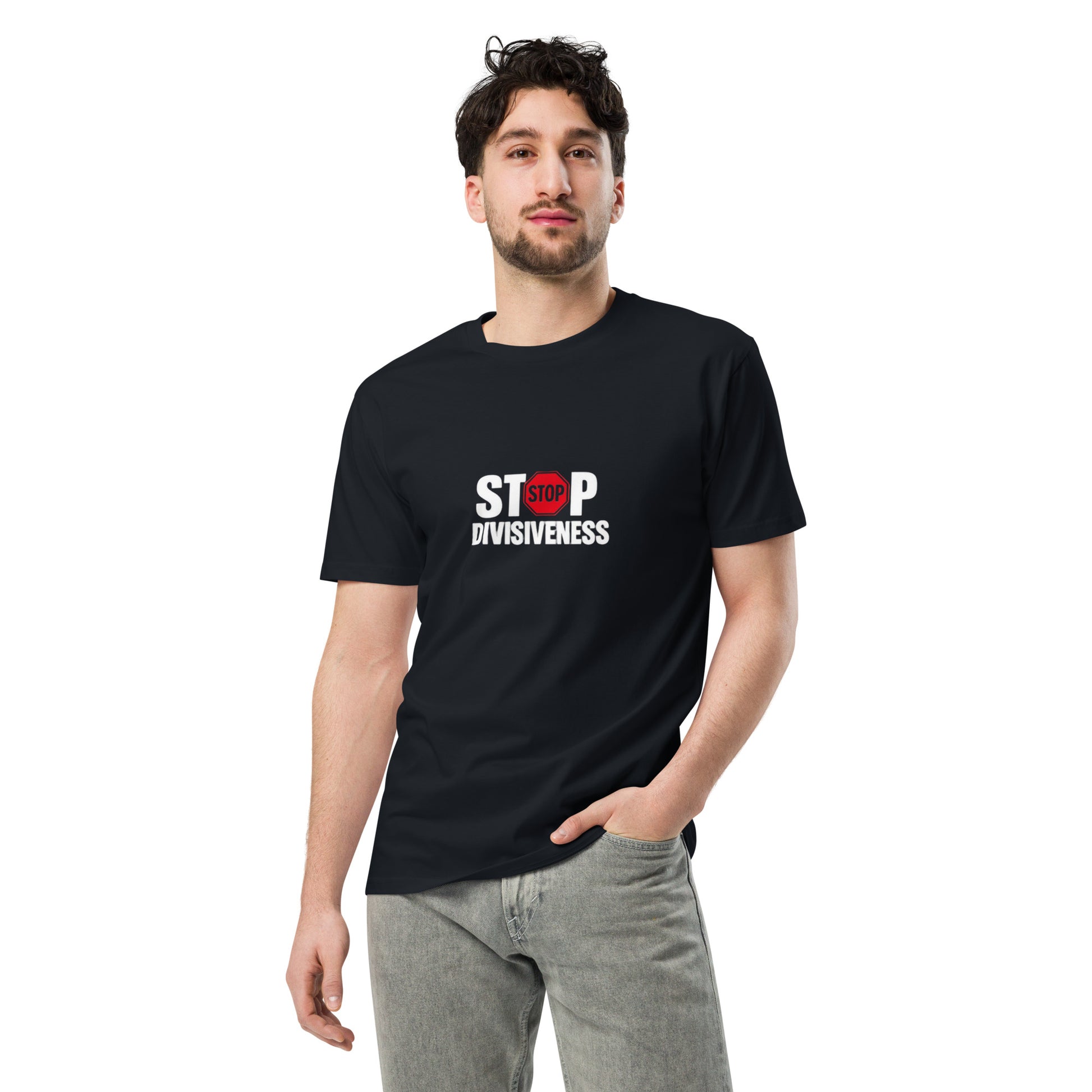 Navy unisex premium T-shirt with "Stop Divisiveness" slogan from wayward.biz, front view showing bold text design.