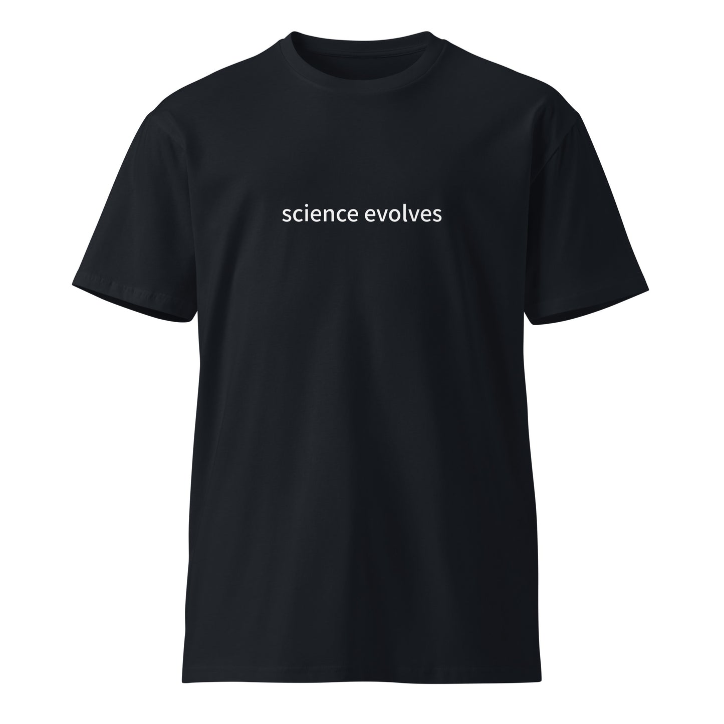 Navy unisex premium T-shirt from Science Evolves by wayward.biz, featuring a front view of the stylish, comfortable shirt.